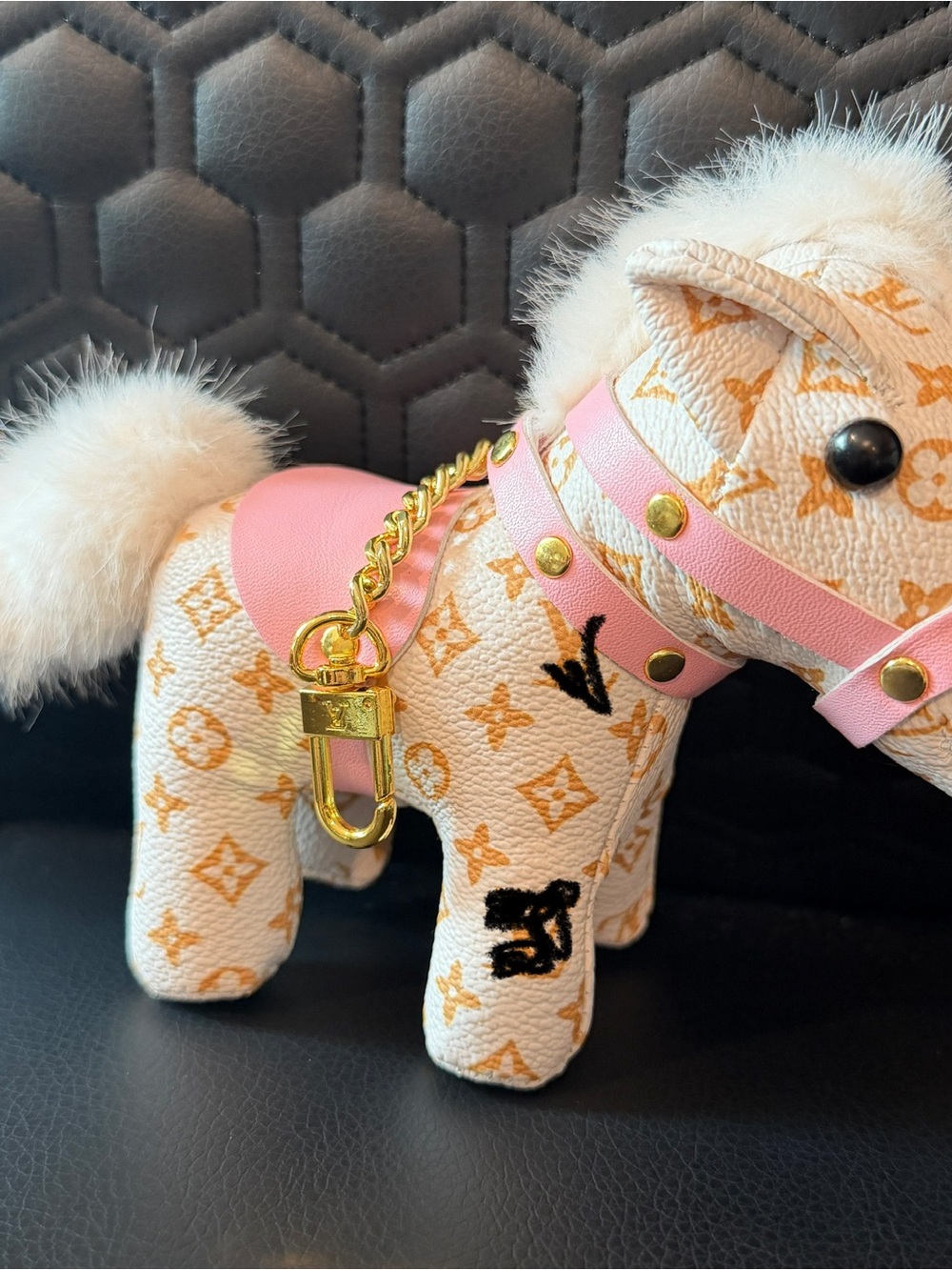 Designer-Style Pink & White Plush Keychain - Picture 3 of 4